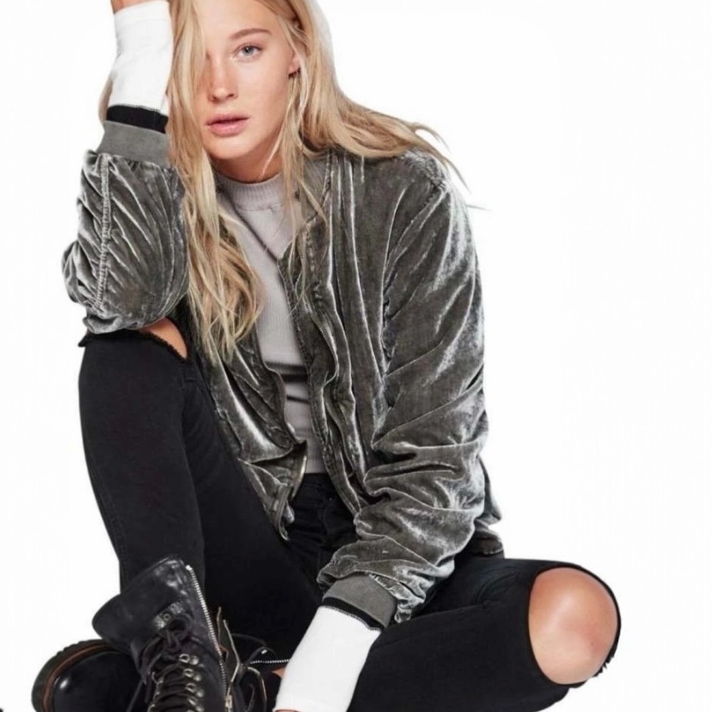 Free People Runched Gray Velvet Bomber Jacket.